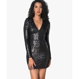 Dress The Population Shauna Sequin Bodycon Long Sleeve Mini Dress Black Sz M